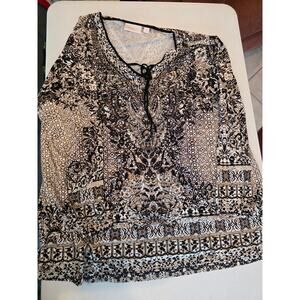 Belle by Kim Gravel Knit Boho Top with Beaded Tassels Size XL Brown and Black
